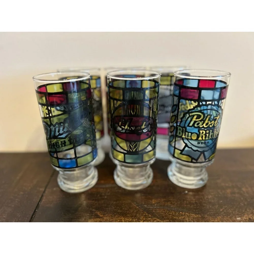 Set of 6 Anchor Hocking Beer Glass Circa 1970 Tumblers Stain Glass 6.5